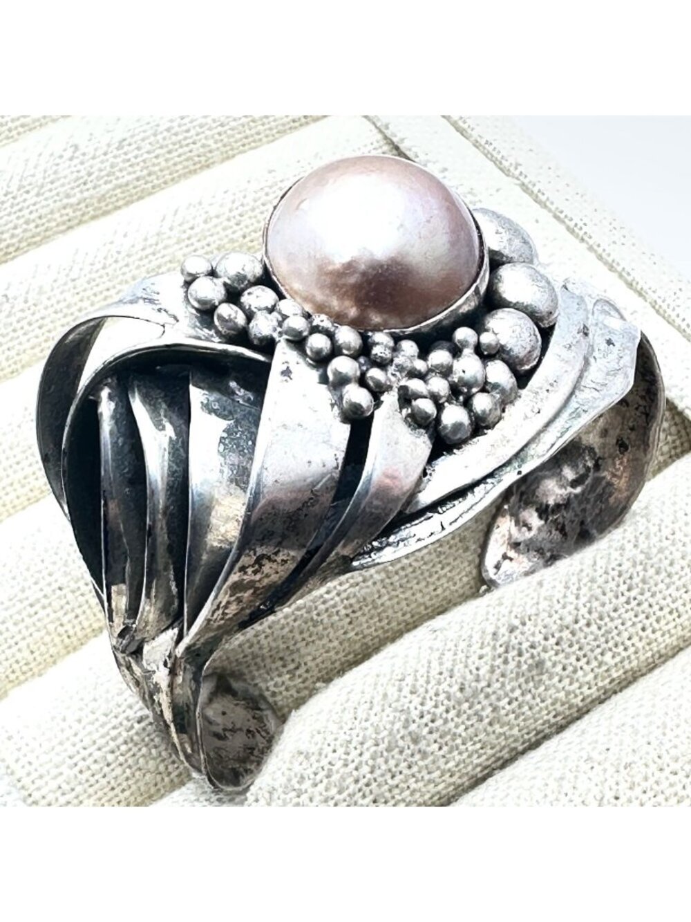 Isreal Artisan Pink Pearl Sterling Silver Cuff Bracelet 43 Grams Adjustable